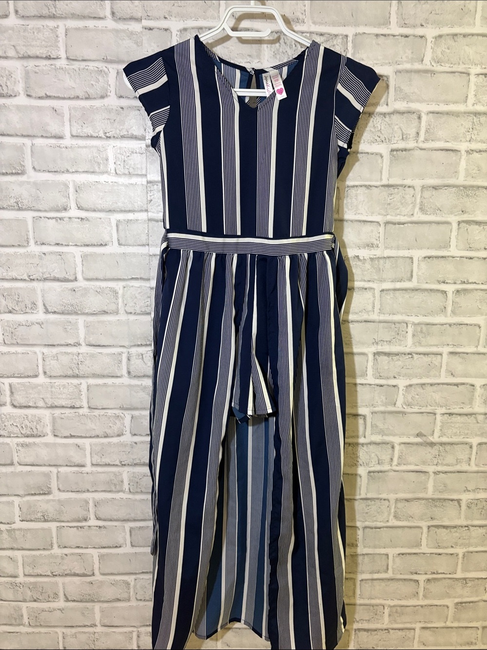 Japna kids Girls Navy and White Striped Jumpsuit shorts and cape dress size 10